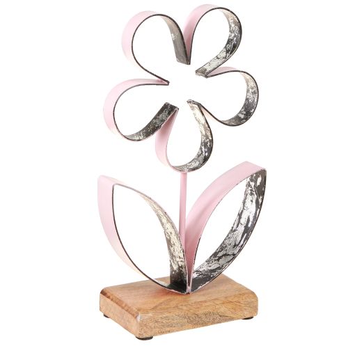 Floristik24 Flor de metal sobre base de madera rosa plata vintage H29cm