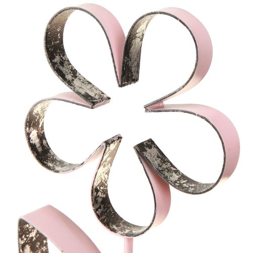 Artículo Flor de metal sobre base de madera rosa plata vintage H29cm