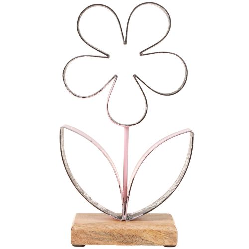 Artículo Flor de metal sobre base de madera rosa plata vintage H29cm