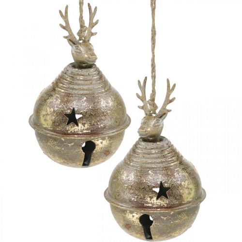 Artículo Campanas de metal con decoración de renos, decoración de Adviento, campana de Navidad con estrellas, campanas doradas aspecto antiguo Ø9cm H14cm 2 piezas
