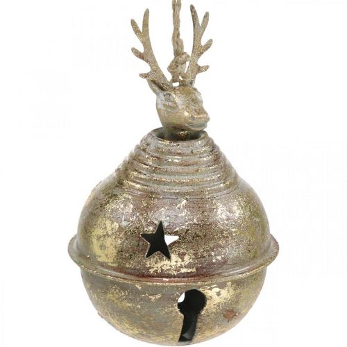 Floristik24 Campanas de metal con decoración de renos, decoración de Adviento, campana navideña con estrellas, campanas doradas aspecto antiguo Ø9cm H14cm 2 piezas