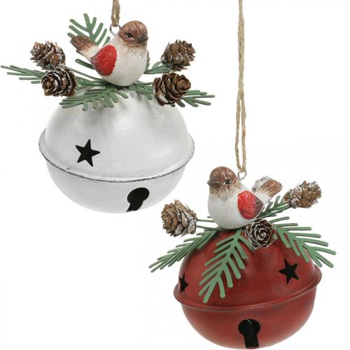 Floristik24 Campanas con petirrojos, adornos de pájaros, invierno, campanas decorativas para Navidad blanco / rojo Ø9cm H10cm juego de 2