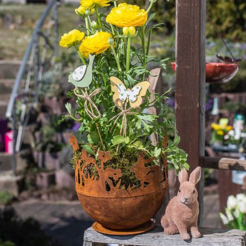 Floristik24 Recipiente de metal con conejos, decoraciones de Pascua, macetero para plantar pátina Ø18cm H19.5cm