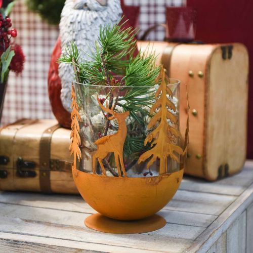 Floristik24 Cuenco de metal con ciervo, decoración de bosque para Adviento, recipiente decorativo de acero inoxidable Ø25cm H29cm