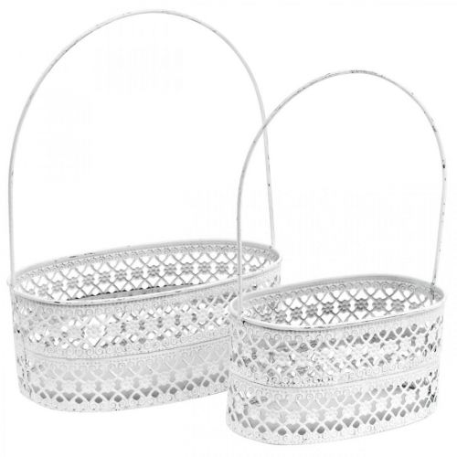 Cesta de metal ovalada, recipiente decorativo para plantar blanco, aspecto vintage plateado L17 / 22cm H25 / 28cm juego de 2