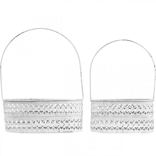 Floristik24 Cesta de metal ovalada, recipiente decorativo para plantar blanco, aspecto vintage plateado L17 / 22cm H25 / 28cm juego de 2