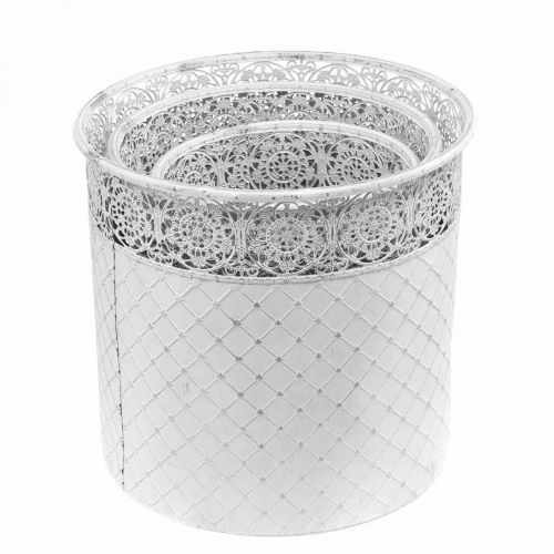 Artículo Macetero con motivo de calados, recipiente de metal, cubo decorativo blanco, plata shabby chic H28/25,5/23,5 cm Ø29,5/25,5/20 cm juego de 3