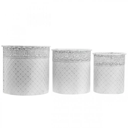 Artículo Macetero con motivo de calados, recipiente de metal, cubo decorativo blanco, plata shabby chic H28/25,5/23,5 cm Ø29,5/25,5/20 cm juego de 3