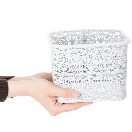 Artículo Cuencos metálicos con diseño de encaje, recipiente decorativo, cuadrados, estilo shabby chic, blancos, 27/23/19 cm, 13,5 cm de alto, juego de 3