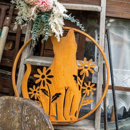 Floristik24 Letrero metálico pátina gato con flores Ø38cm