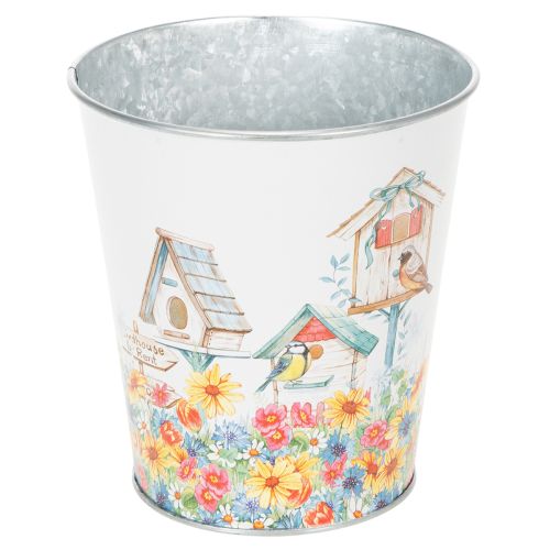 Floristik24 Maceta de metal con motivo, maceta con casitas para pájaros, cubo de hojalata H13cm Ø11.5cm