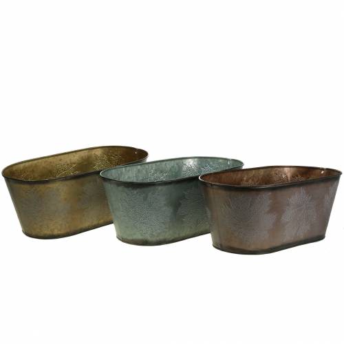 Floristik24 Macetero decorativo con hojas zinc metalizado ovalado gris, naranja, marrón 38 × 20cm H15cm 3ud