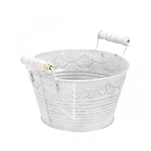 Floristik24 Cuenco decorativo para plantar, maceta con asas de madera, decoración de metal blanco, plateado Ø16.5cm H12.5cm W20cm