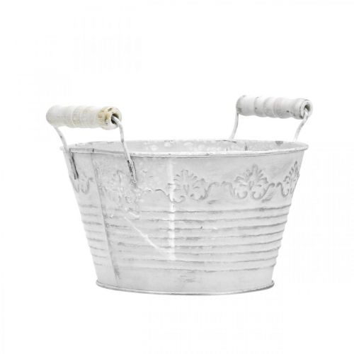 Floristik24 Cuenco decorativo para plantar, maceta con asas de madera, decoración de metal blanco, plateado Ø16.5cm H12.5cm W20cm