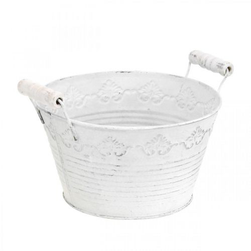 Floristik24 Jardinera en relieve, cuenco decorativo con asas de madera, maceta de metal blanco, plateado Ø18.5cm H12cm W22cm