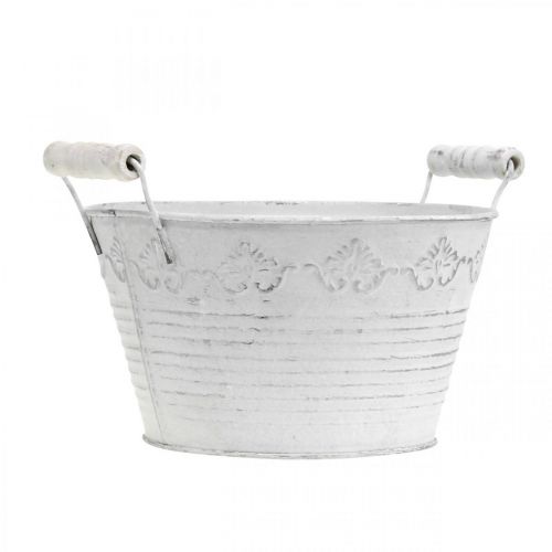 Floristik24 Jardinera en relieve, cuenco decorativo con asas de madera, maceta de metal blanco, plateado Ø18.5cm H12cm W22cm