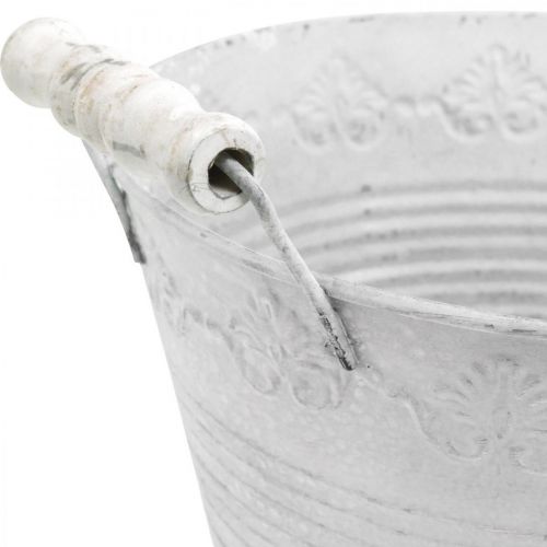 Floristik24 Recipiente de metal, cuenco decorativo con patrón, macetero con asas de madera blanco, plateado Ø21.5cm H14.5cm W24.5cm