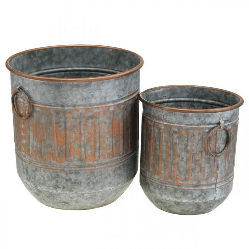 Cuenco decorativo con asas, macetero, recipiente de metal plateado, aspecto antiguo cobre Al31 / 24,5cm Ø29,5 / 22cm juego de 2