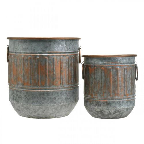 Floristik24 Cuenco decorativo con asas, macetero, recipiente de metal plateado, aspecto antiguo cobre Al31 / 24,5cm Ø29,5 / 22cm juego de 2