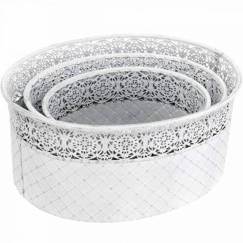 Artículo Cuenco para plantar, recipiente de metal con patrón de encaje, macetero decorativo ovalado blanco, plateado shabby chic L41,5/35/29,5 cm H19/16/14,5 cm juego de 3
