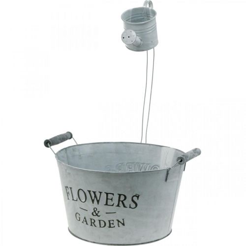 Floristik24 Cuenco para plantar con regadera, decoración de jardín, macetero de metal para plantar plateado blanco lavado H41cm Ø28cm/Ø7cm