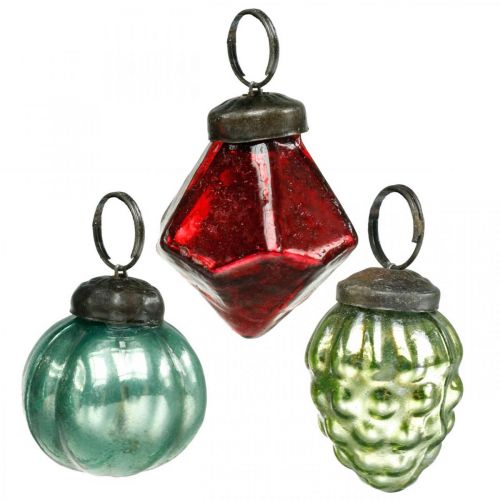 Floristik24 Mini mezcla de bolas de árbol de Navidad, diamante / bola / cono, bolas de cristal aspecto antiguo Ø3–3,5cm H4,5–5,5cm 9 piezas