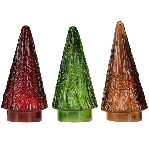 Artículo Mini árbol de Navidad de cristal LED rojo, verde y marrón de 18 cm, 3 unidades