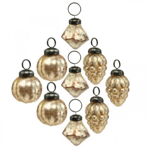 Floristik24 Mini mezcla de bolas de cristal, diamante / bola / cono, decoración de árboles, aspecto antiguo Ø3–3,5cm H4,5–5,5cm 9 piezas