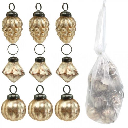 Floristik24 Mini mezcla de bolas de cristal, diamante / bola / cono, decoración de árboles, aspecto antiguo Ø3–3,5cm H4,5–5,5cm 9 piezas