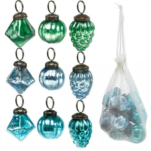 Floristik24 Mini mezcla de bolas de cristal, diamante/bola/cono, decoración para árbol de Navidad aspecto antiguo Ø3–3,5 cm H4,5–5,5 cm 9 piezas