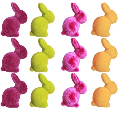 Artículo Mini conejitos de Pascua coloridos flocados surtidos – 2.ª opción – Alto 6 cm 12 piezas