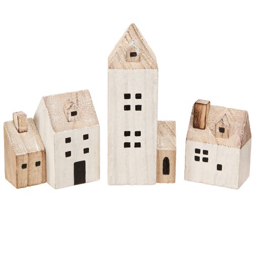 Mini pueblo navideño de madera blanco natural H13/7cm 6 piezas