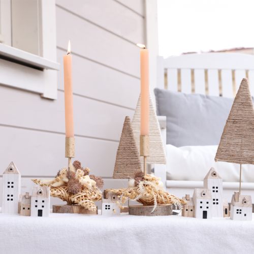 Artículo Mini pueblo navideño de madera blanco natural H13/7cm 6 piezas