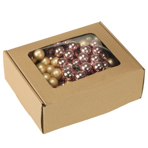 Artículo Mini bolas navideñas doradas con efecto espejo rosa, bayas, 2 cm, 140 unidades
