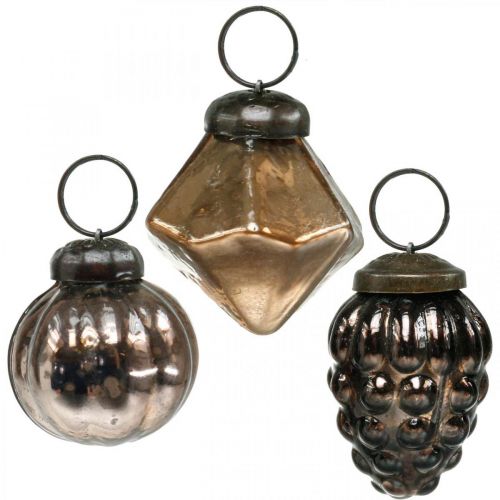 Floristik24 Mini bolas navideñas, diamante / bola / cono, mezcla de colgantes de vidrio, aspecto antiguo Ø3–3.5cm H4.5–5.5cm 9 piezas