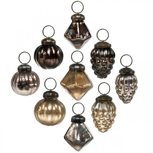 Mini bolas navideñas, diamante / bola / cono, mezcla de colgantes de vidrio, aspecto antiguo Ø3–3.5cm H4.5–5.5cm 9 piezas