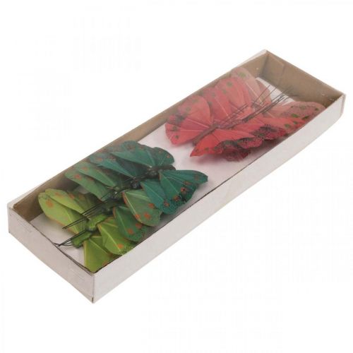 Artículo Mini mariposa sobre alambre rojo, verde 6,5cm 12 piezas