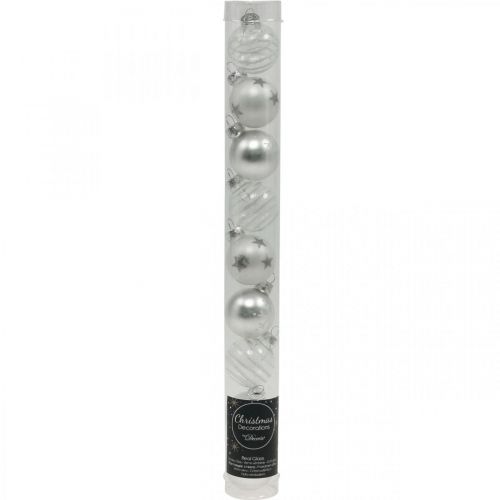 Artículo Mini bolas navideñas blancas, plateadas vidrio real Ø3cm 9 piezas