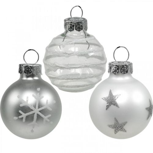 Floristik24 Mini bolas de Navidad blanco, plata vidrio real Ø3cm 9pcs