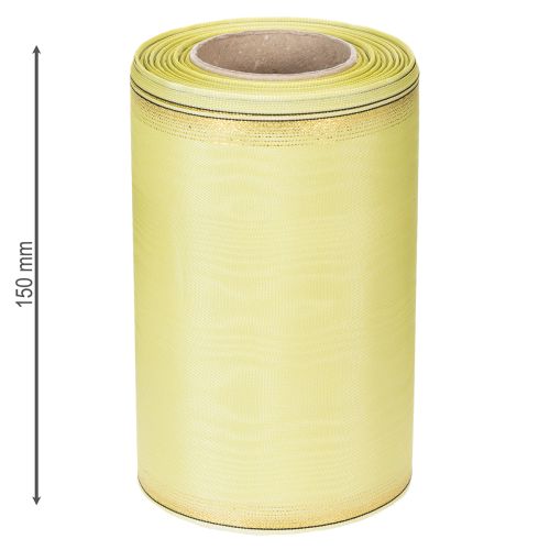 Artículo Cinta de moiré para coronas, 150 mm, 25 m, color verde claro con borde dorado, para floristería y decoración.