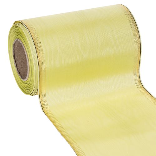 Artículo Cinta de moiré para coronas, 150 mm, 25 m, color verde claro con borde dorado, para floristería y decoración.