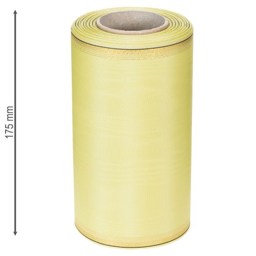 Artículo Cinta de moiré para coronas, verde claro con borde dorado, 175 mm x 25 m, decoración de alta calidad para floristería.