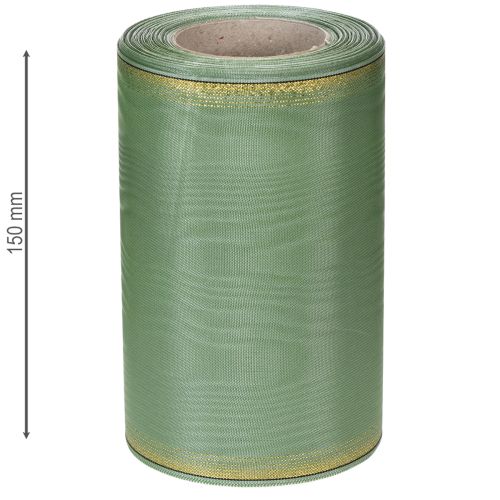 Artículo Cinta decorativa de moiré para coronas, color verde salvia con borde dorado, 150 mm x 25 m, ideal para arreglos florales y coronas.