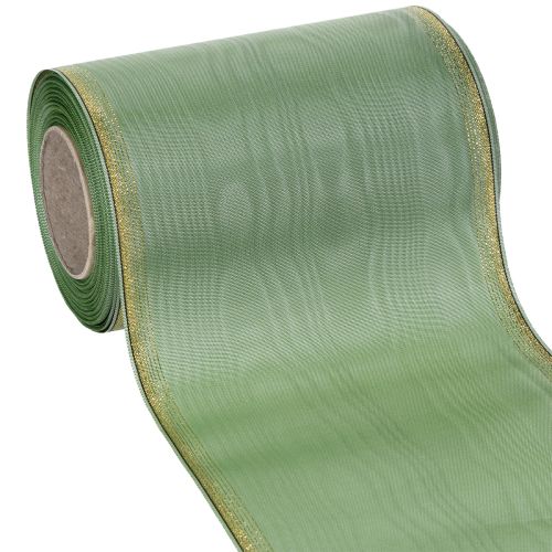 Cinta decorativa de moiré para coronas, color verde salvia con borde dorado, 150 mm x 25 m, ideal para arreglos florales y coronas.