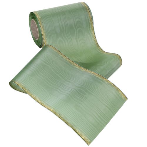 Artículo Cinta decorativa de moiré para coronas, color verde salvia con borde dorado, 150 mm x 25 m, ideal para arreglos florales y coronas.