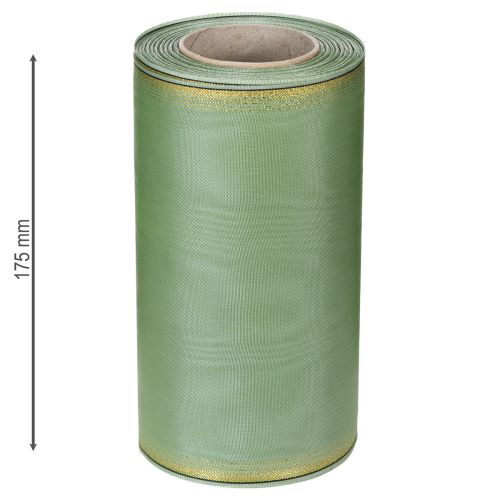 Artículo Cinta decorativa de moiré color verde salvia con borde dorado - 175 mm x 25 m - cinta decorativa para floristería y celebraciones