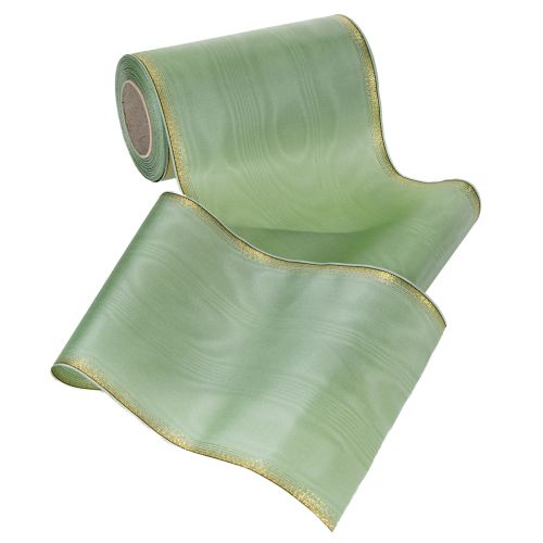 Artículo Cinta decorativa de moiré color verde salvia con borde dorado - 175 mm x 25 m - cinta decorativa para floristería y celebraciones