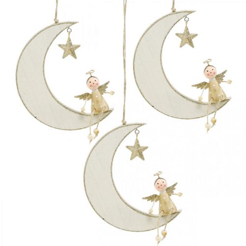 Decoración de Adviento, ángel en la luna, decoración de madera para colgar blanco, dorado H14.5cm W21.5cm 3ud