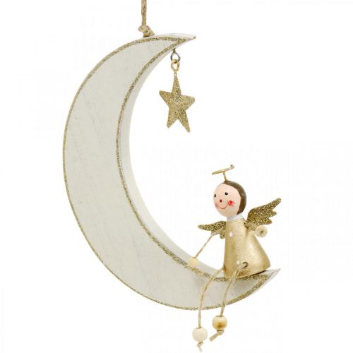 Floristik24 Decoración de Adviento, ángel en la luna, decoración de madera para colgar blanco, dorado Al 14,5 cm An 21,5 cm 3 piezas