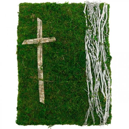 Floristik24 Cuadro musgo enredaderas y cruz para arreglo de tumba verde, blanco 40 × 30cm